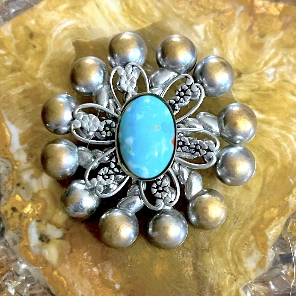Larimar Silver Brass Brooch Vintage